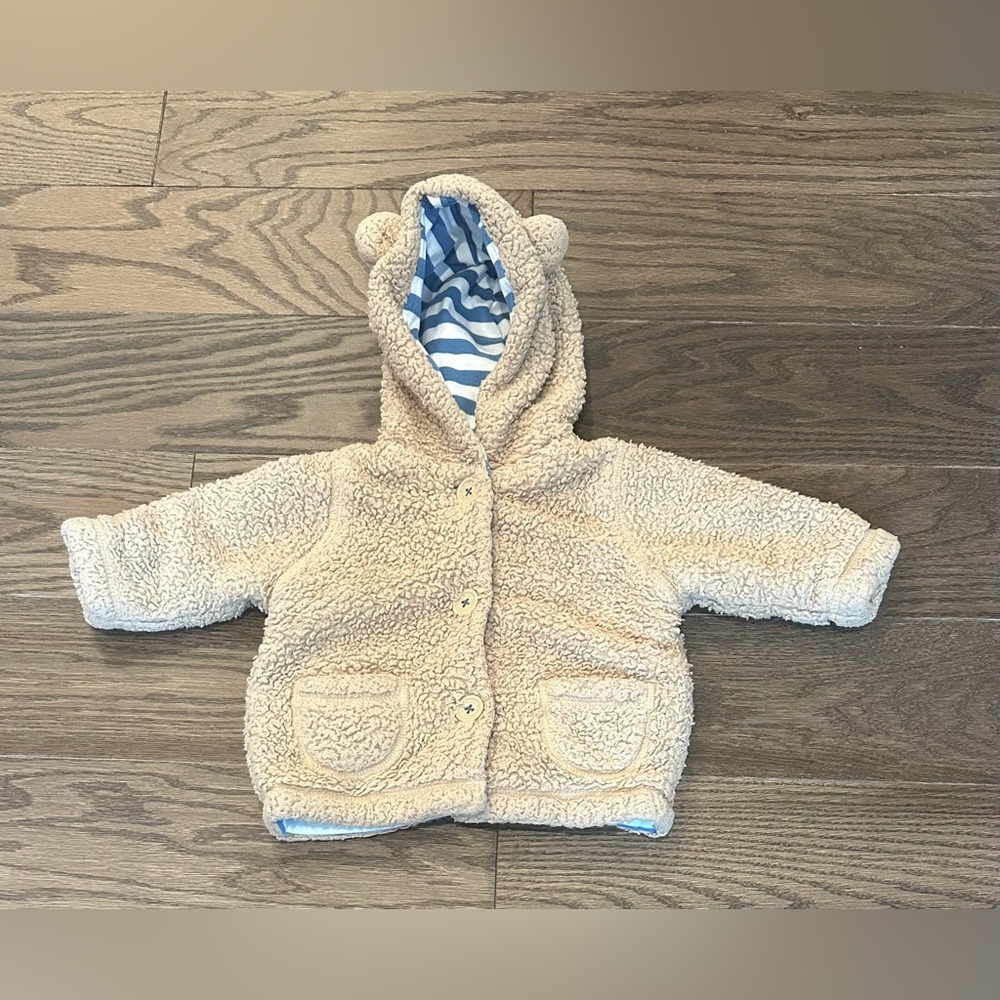 Baby Boden 3-6M Tan Fleece Jacket with Bear Ears & Blue Striped Lining